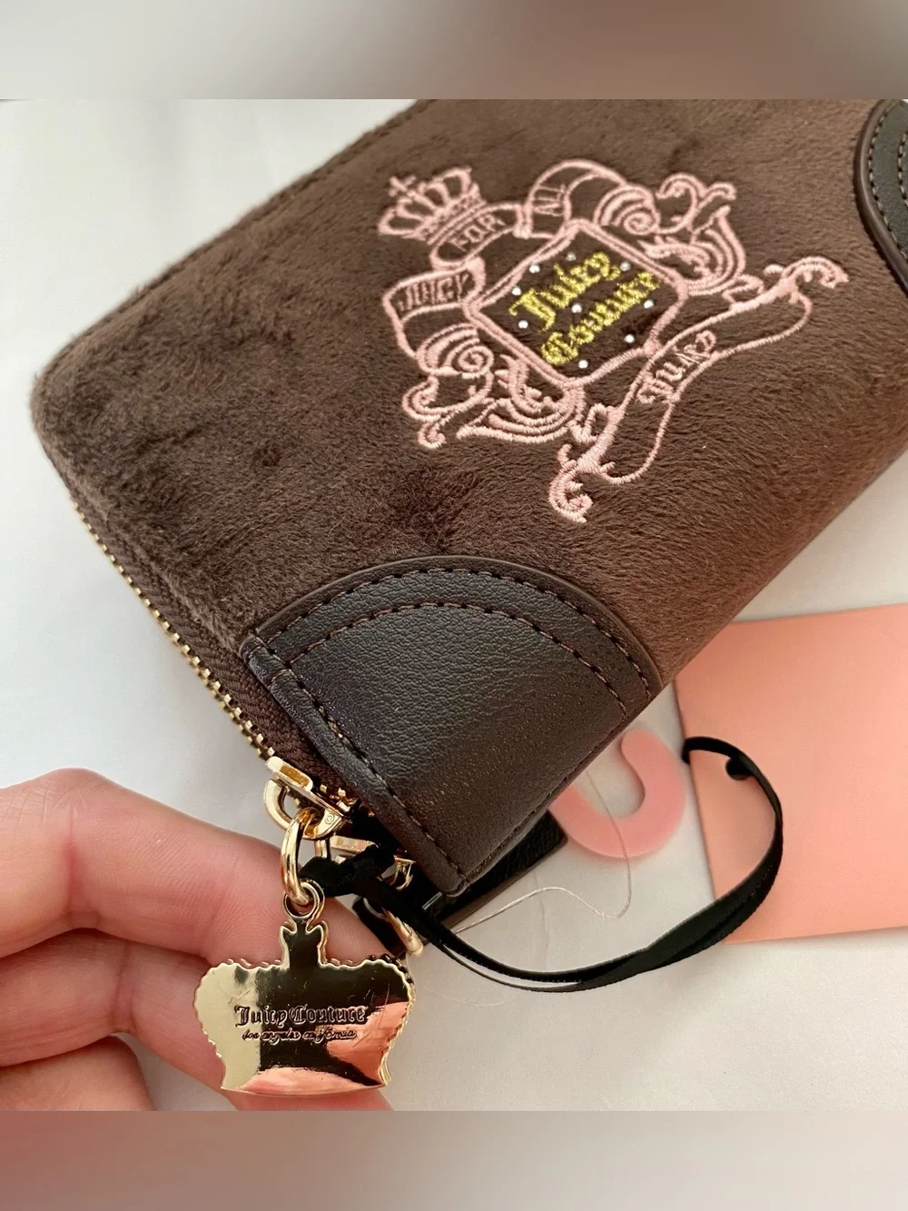 Juicy Couture Brown Plush Zip Wallet with Pink Crest Embroidery